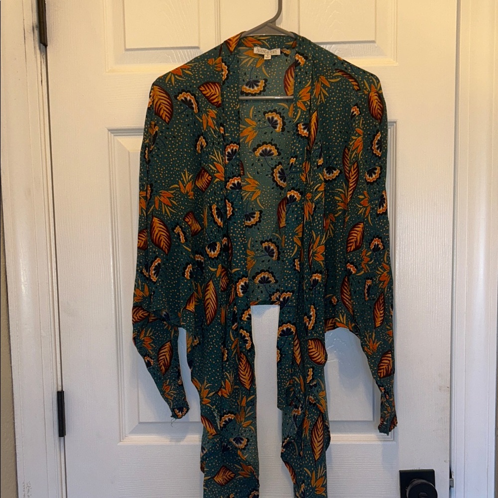 Patrons of Peace Teal and Orange Front Tie Blouse